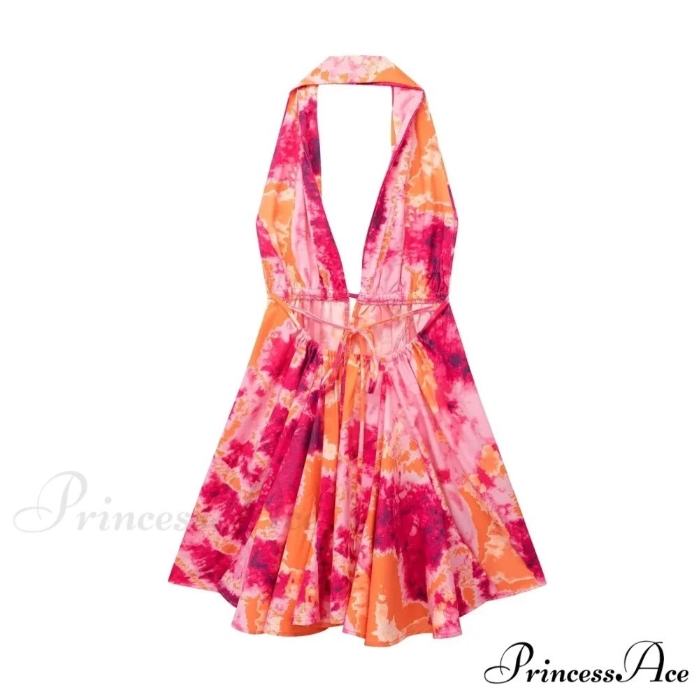 Print Halter Open Back Graceful Sleeveless V Neck Mini Dress - Image 13