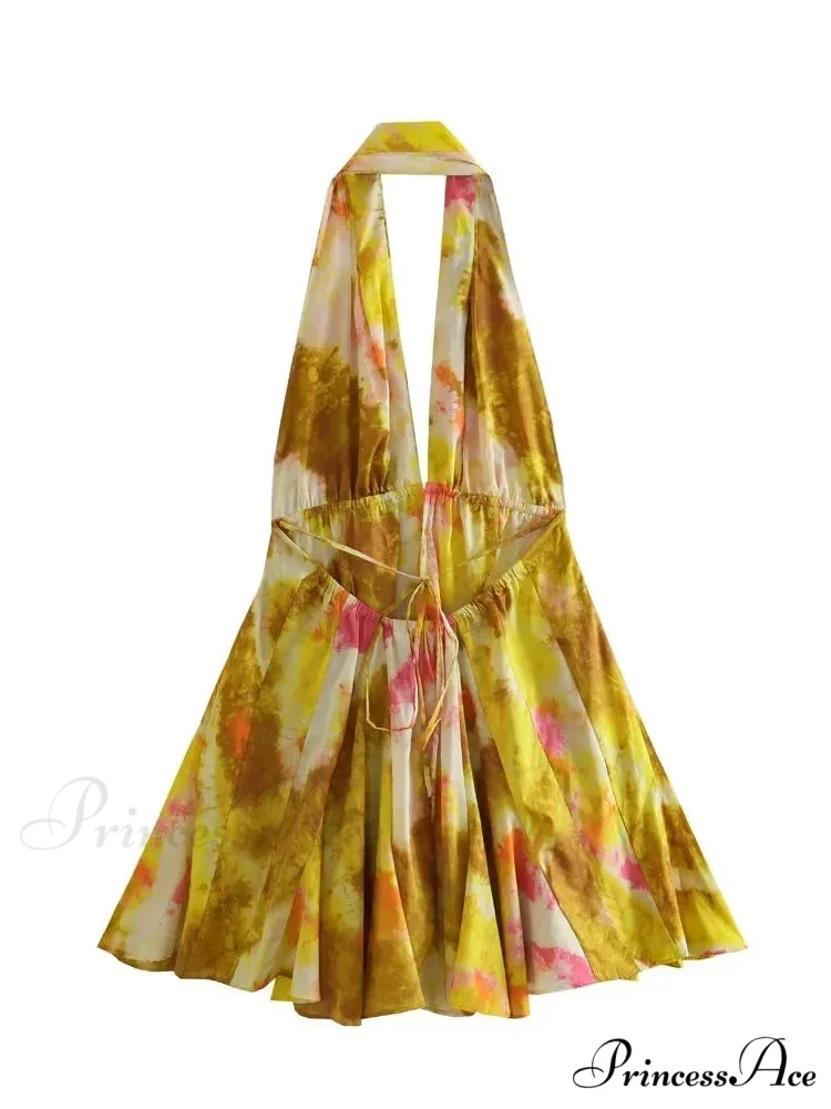 Print Halter Open Back Graceful Sleeveless V Neck Mini Dress - Image 14