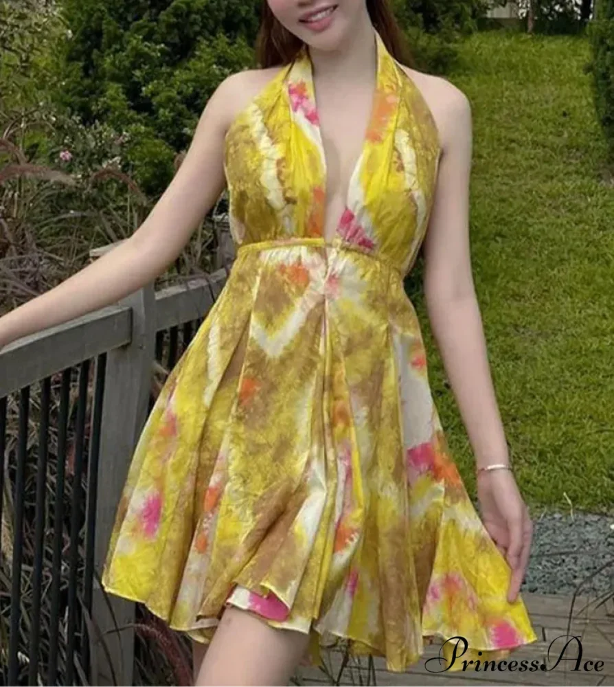 Print Halter Open Back Graceful Sleeveless V Neck Mini Dress - Image 15