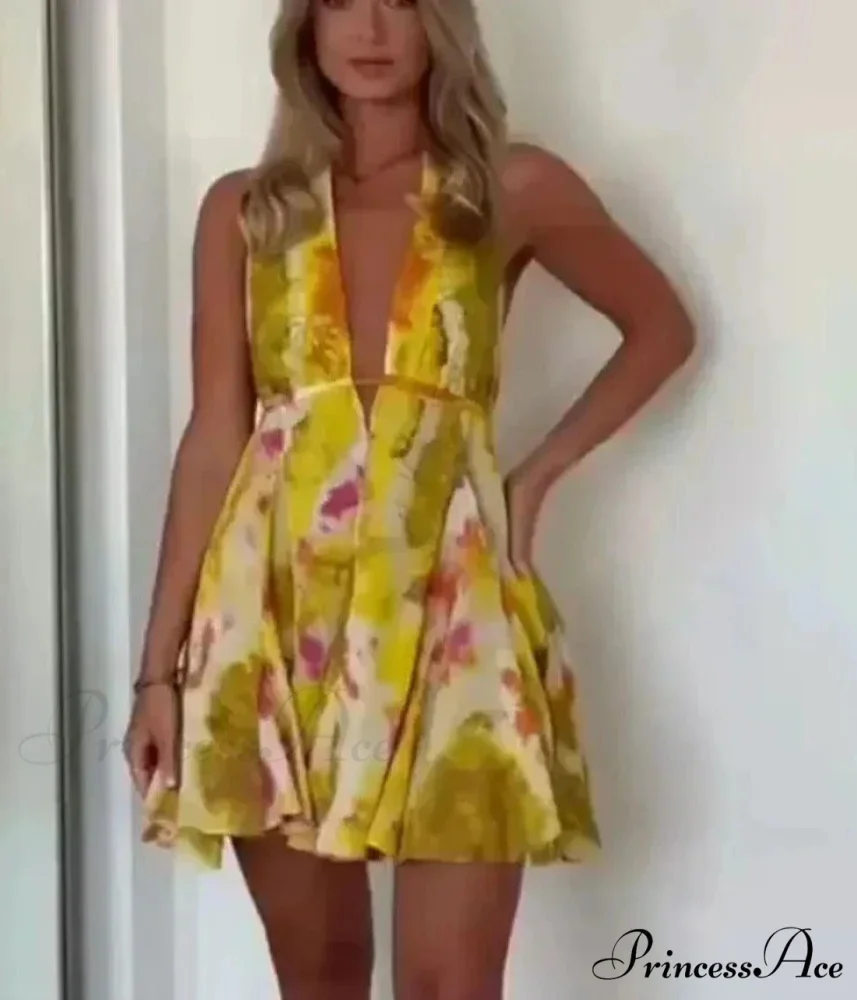 Print Halter Open Back Graceful Sleeveless V Neck Mini Dress - Image 2