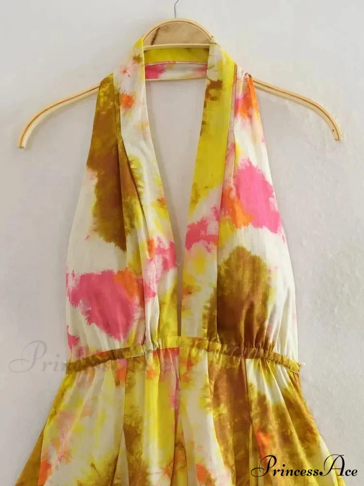 Print Halter Open Back Graceful Sleeveless V Neck Mini Dress - Image 3