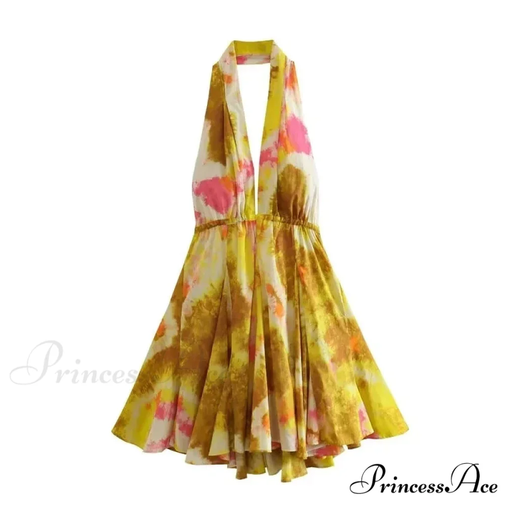 Print Halter Open Back Graceful Sleeveless V Neck Mini Dress - Image 4