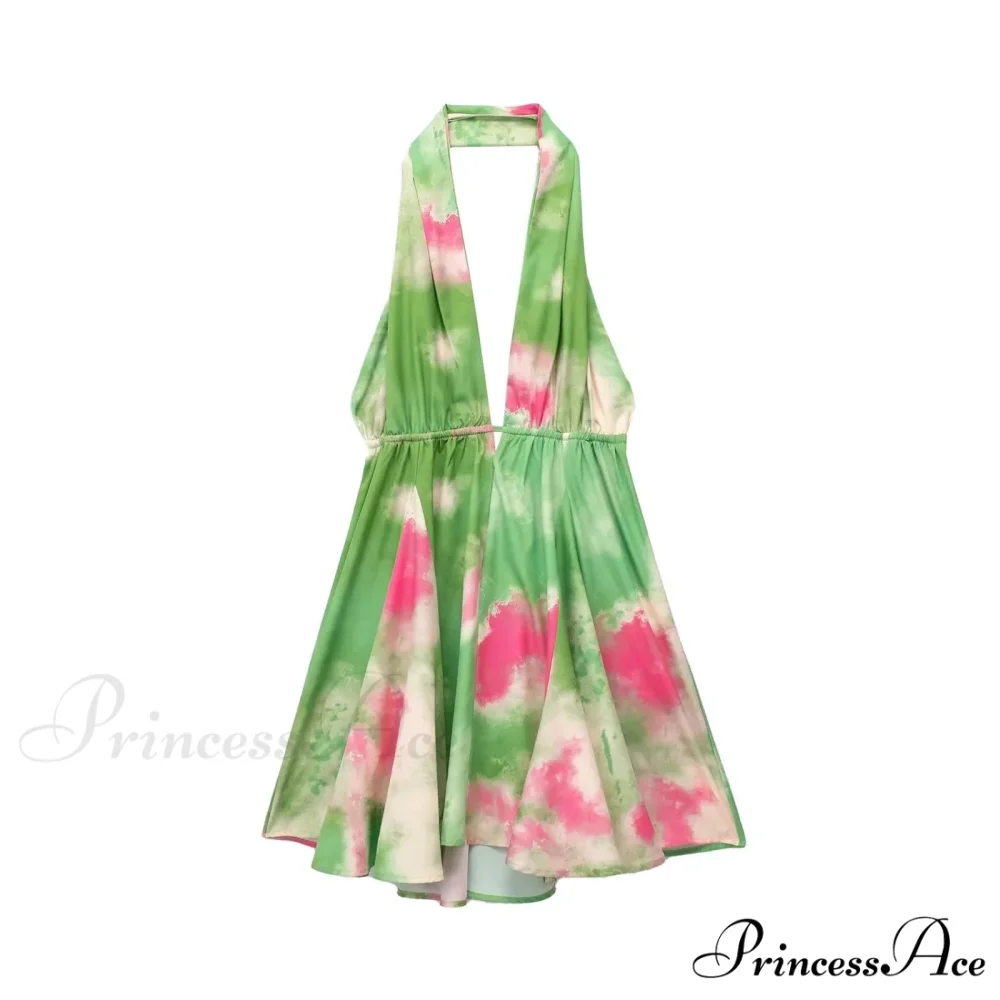Print Halter Open Back Graceful Sleeveless V Neck Mini Dress - Image 7