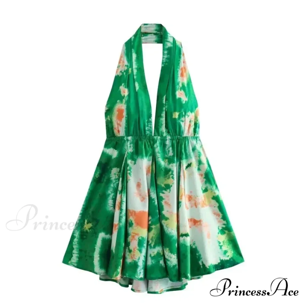 Print Halter Open Back Graceful Sleeveless V Neck Mini Dress - Image 8