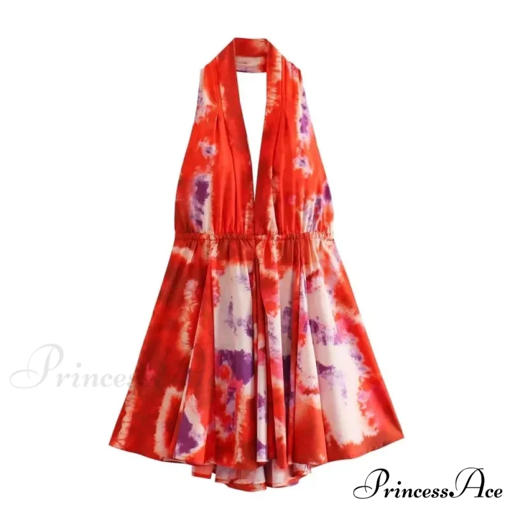 Print Halter Open Back Graceful Sleeveless V Neck Mini Dress - Image 9