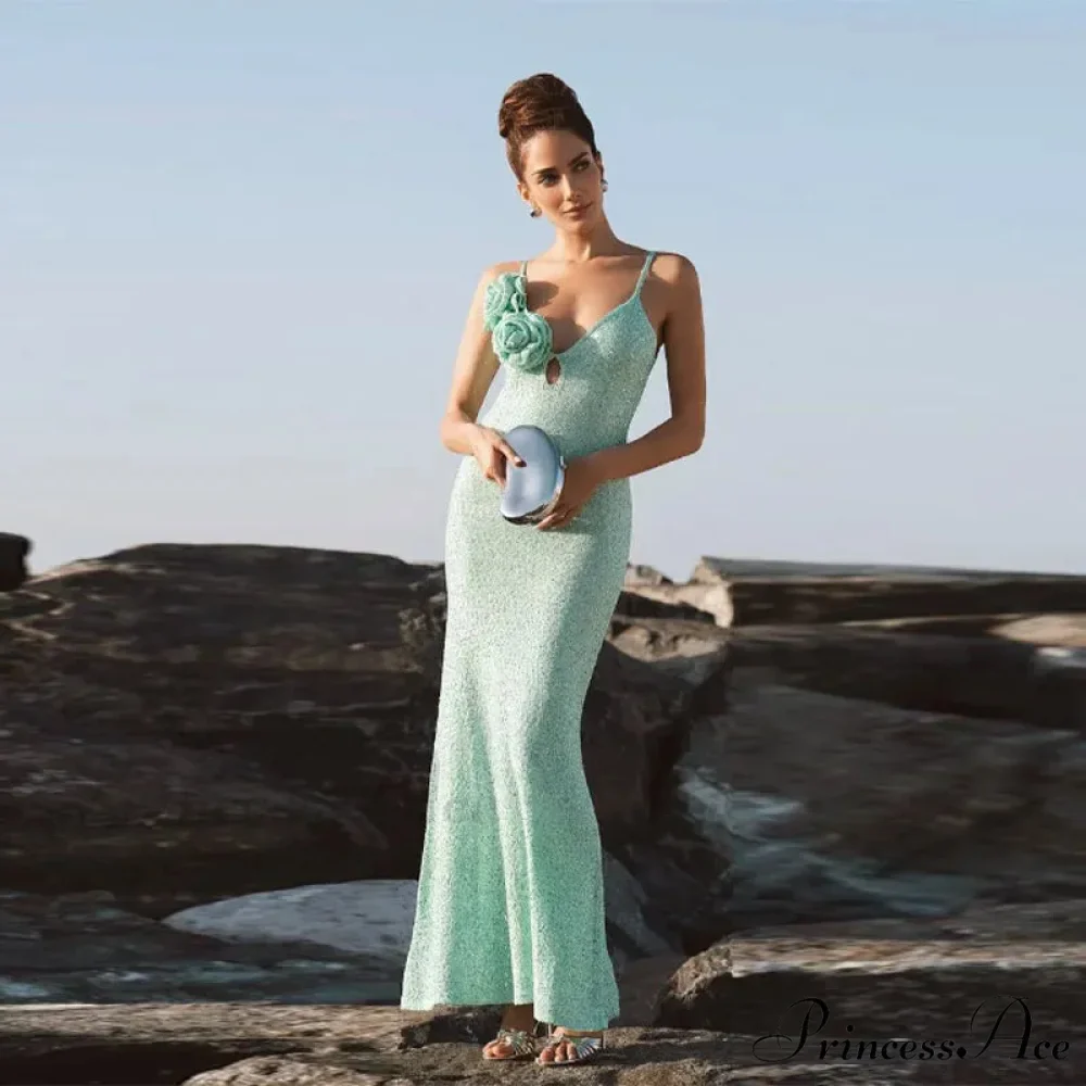 Green 3D Flower Charming Sequin Cami Maxi Dress - Image 11