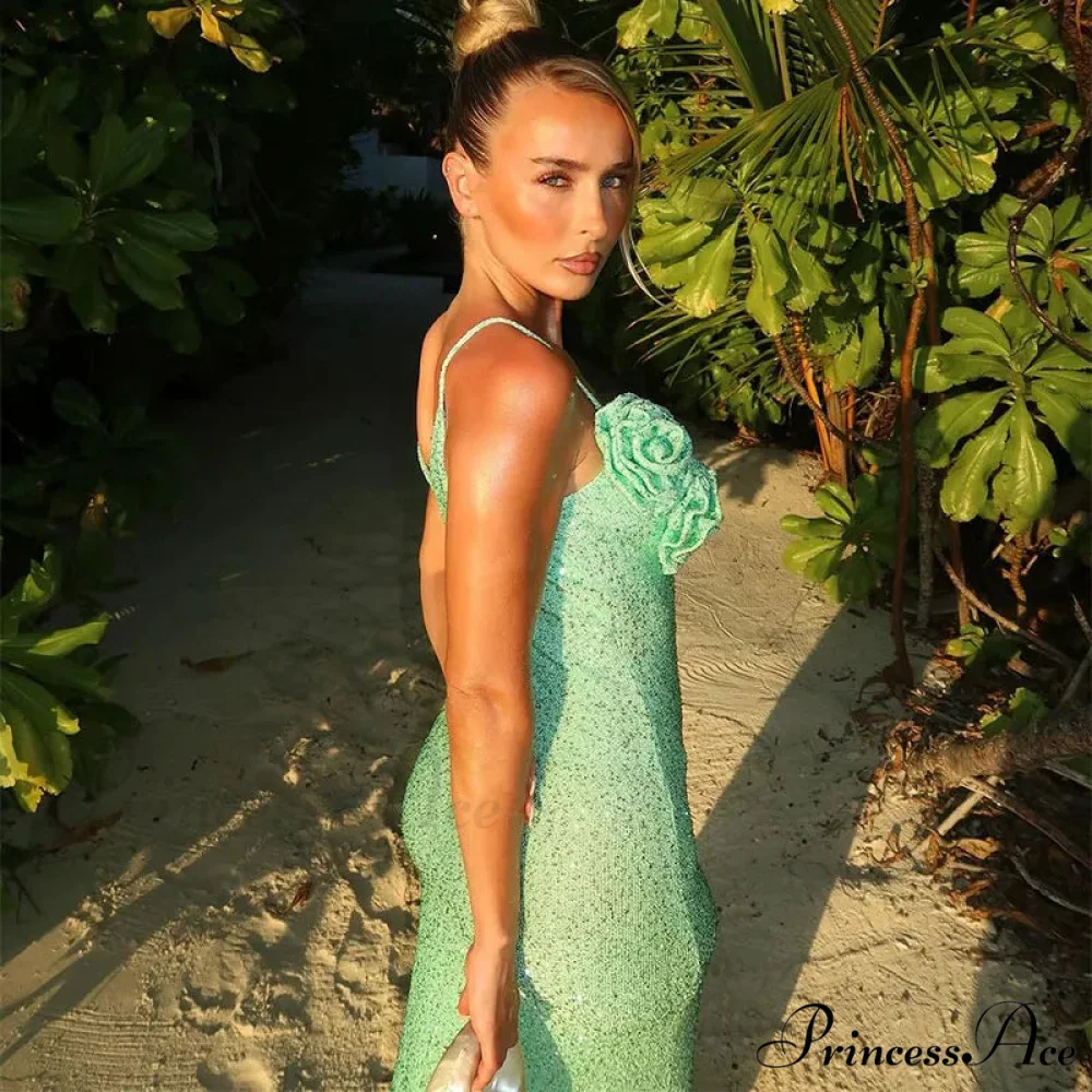 Green 3D Flower Charming Sequin Cami Maxi Dress - Image 13