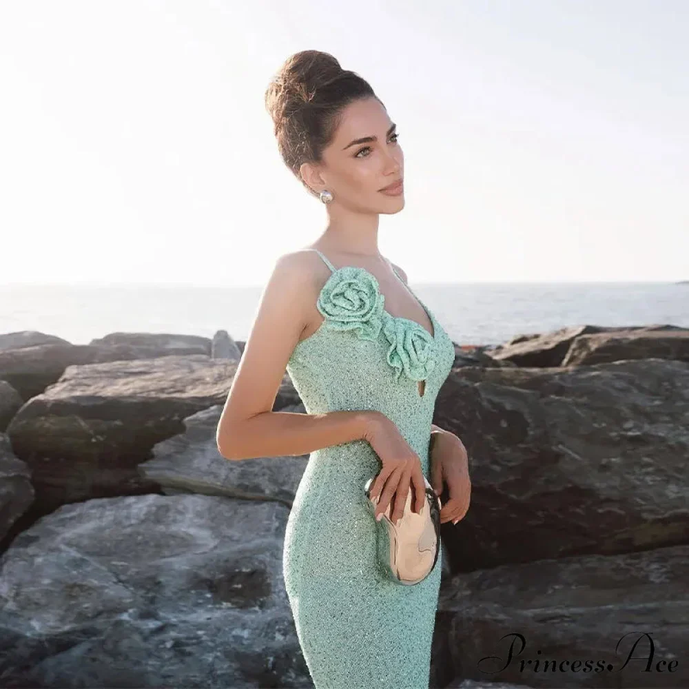 Green 3D Flower Charming Sequin Cami Maxi Dress - Image 3