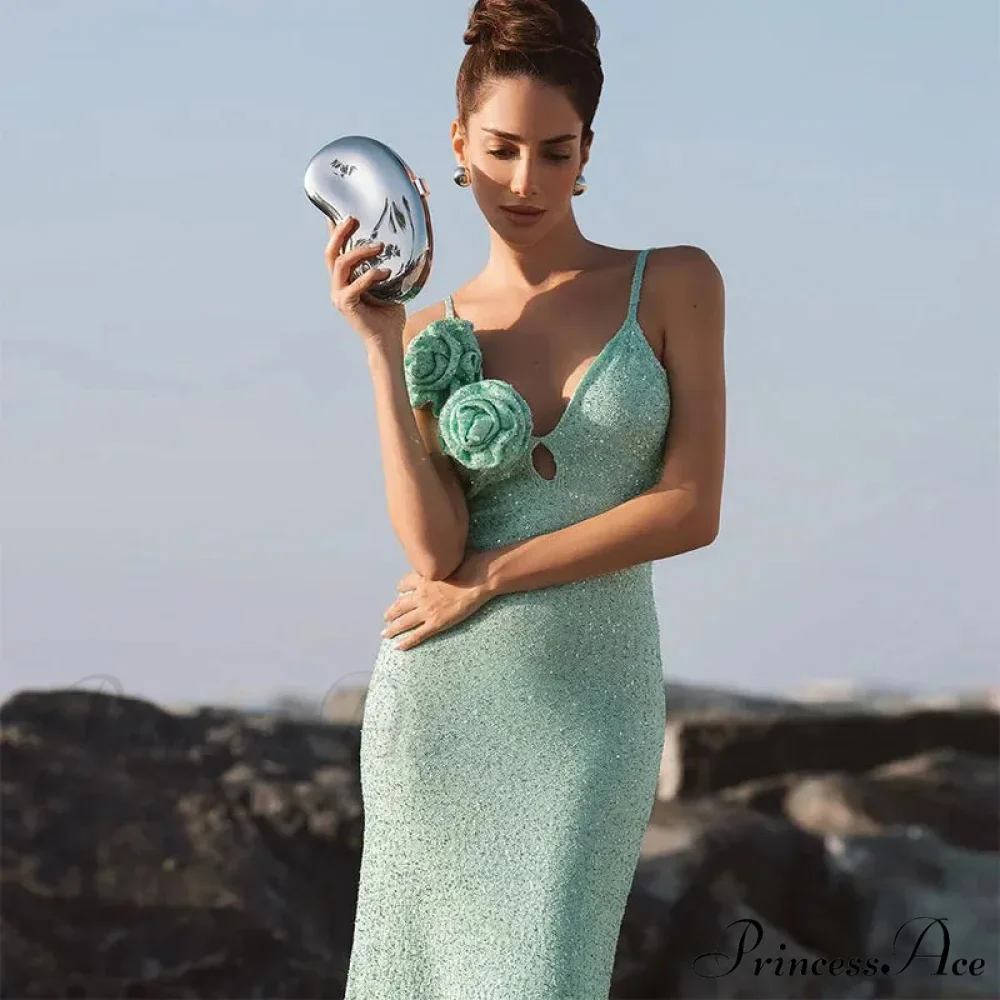 Green 3D Flower Charming Sequin Cami Maxi Dress - Image 4