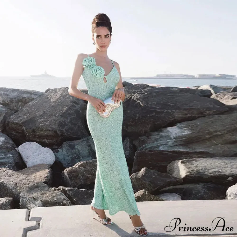 Green 3D Flower Charming Sequin Cami Maxi Dress - Image 8