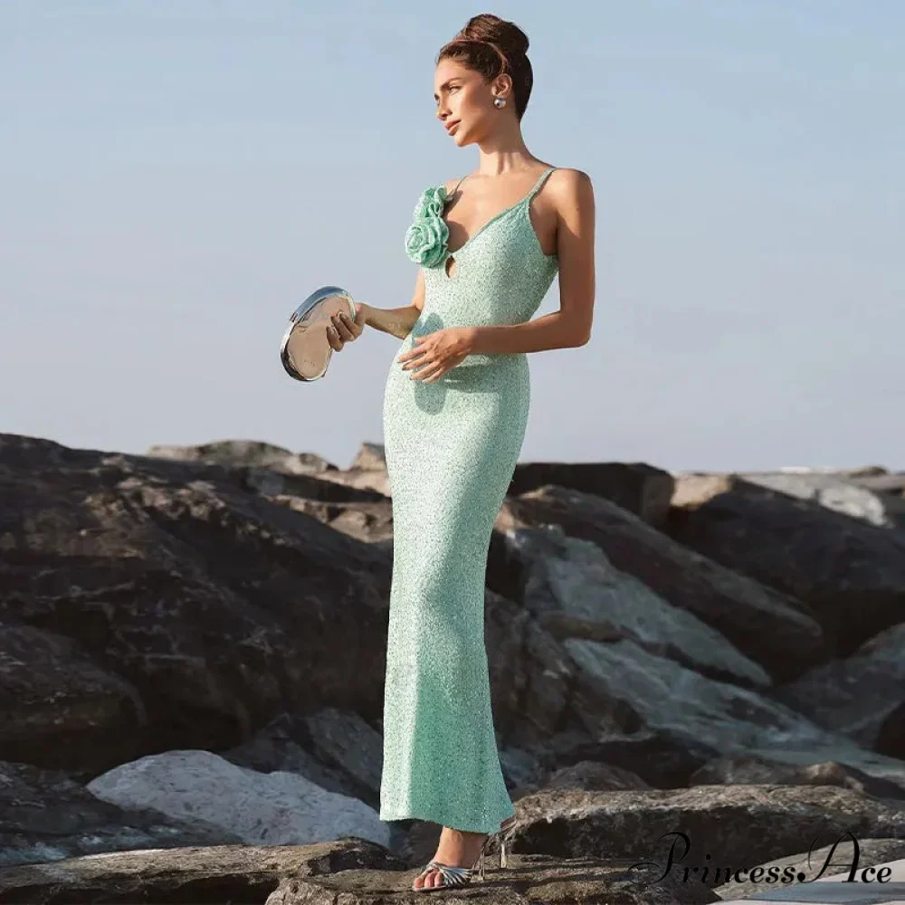 Green 3D Flower Charming Sequin Cami Maxi Dress - Image 9
