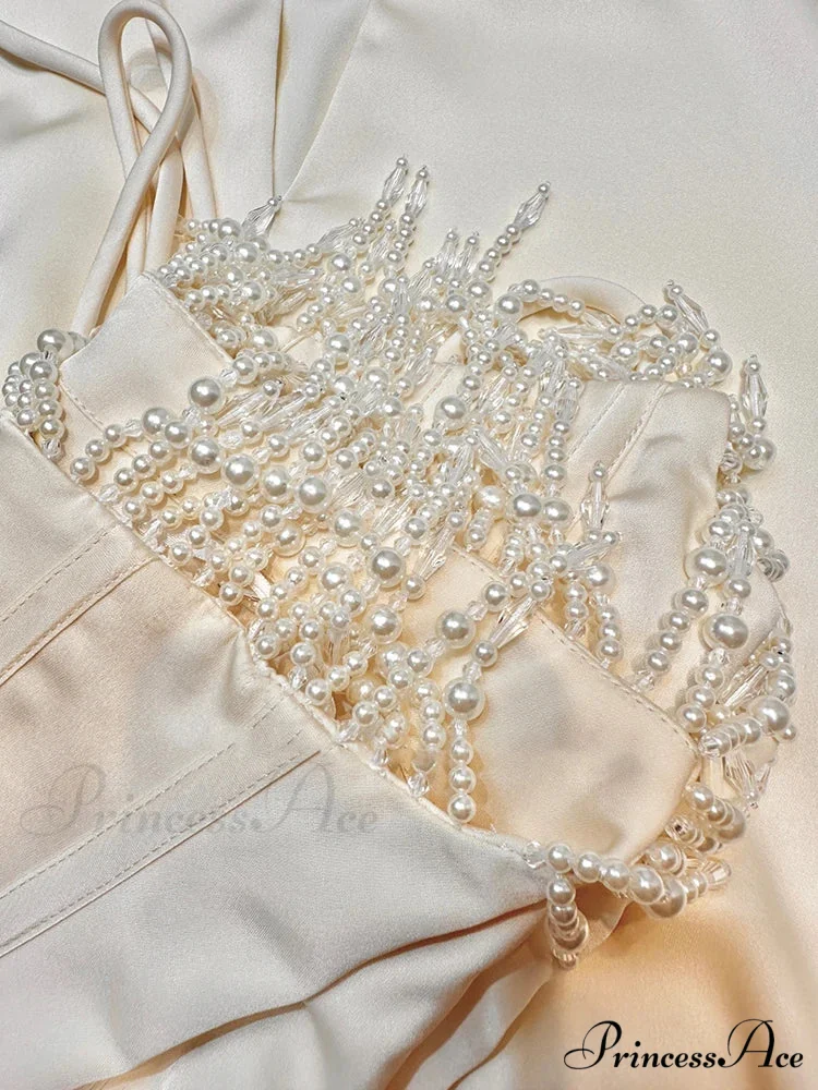 Satin Pearl Tassel Charming Corset Tube Midi Dress - Image 11