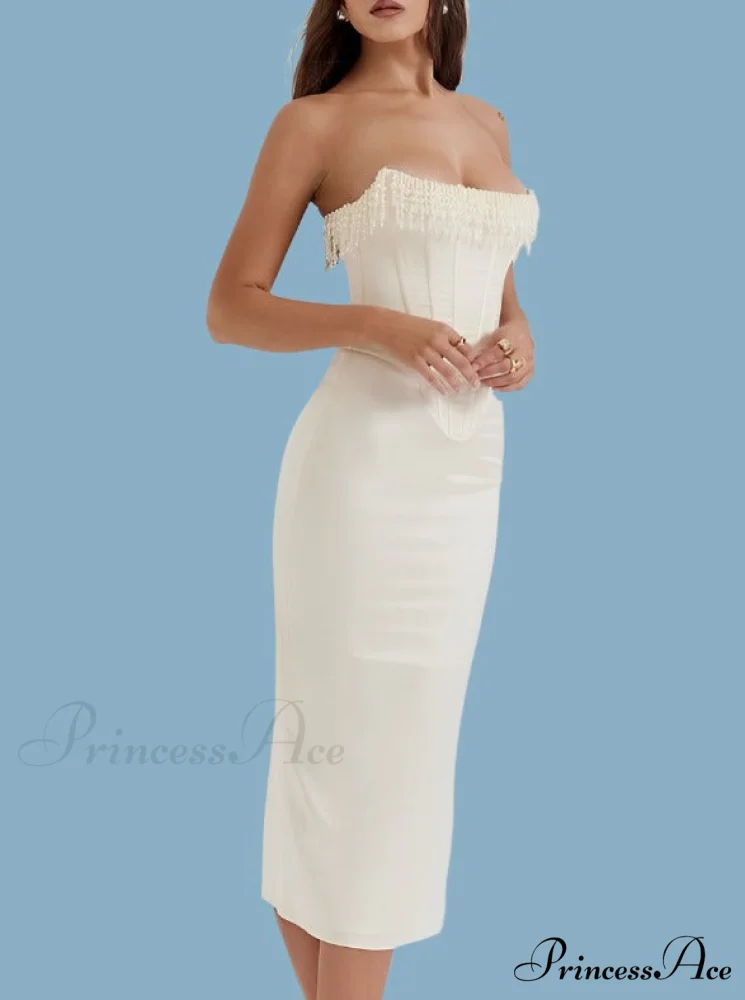 Satin Pearl Tassel Charming Corset Tube Midi Dress - Image 3