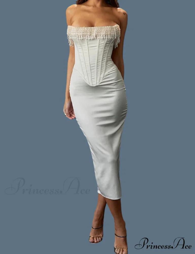 Satin Pearl Tassel Charming Corset Tube Midi Dress - Image 4