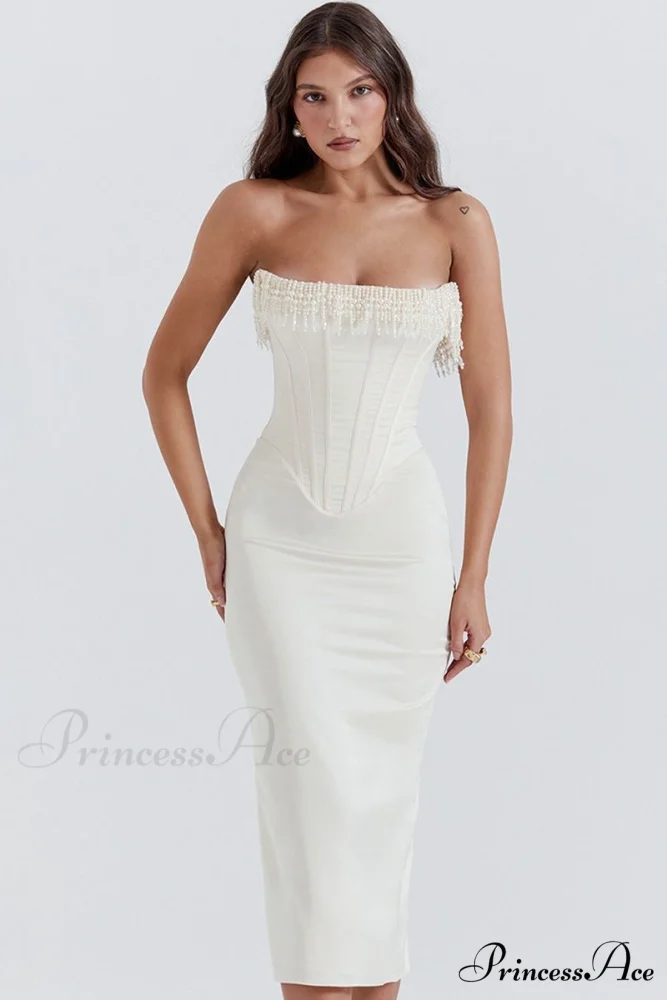Satin Pearl Tassel Charming Corset Tube Midi Dress - Image 5