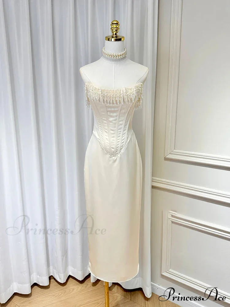 Satin Pearl Tassel Charming Corset Tube Midi Dress - Image 6