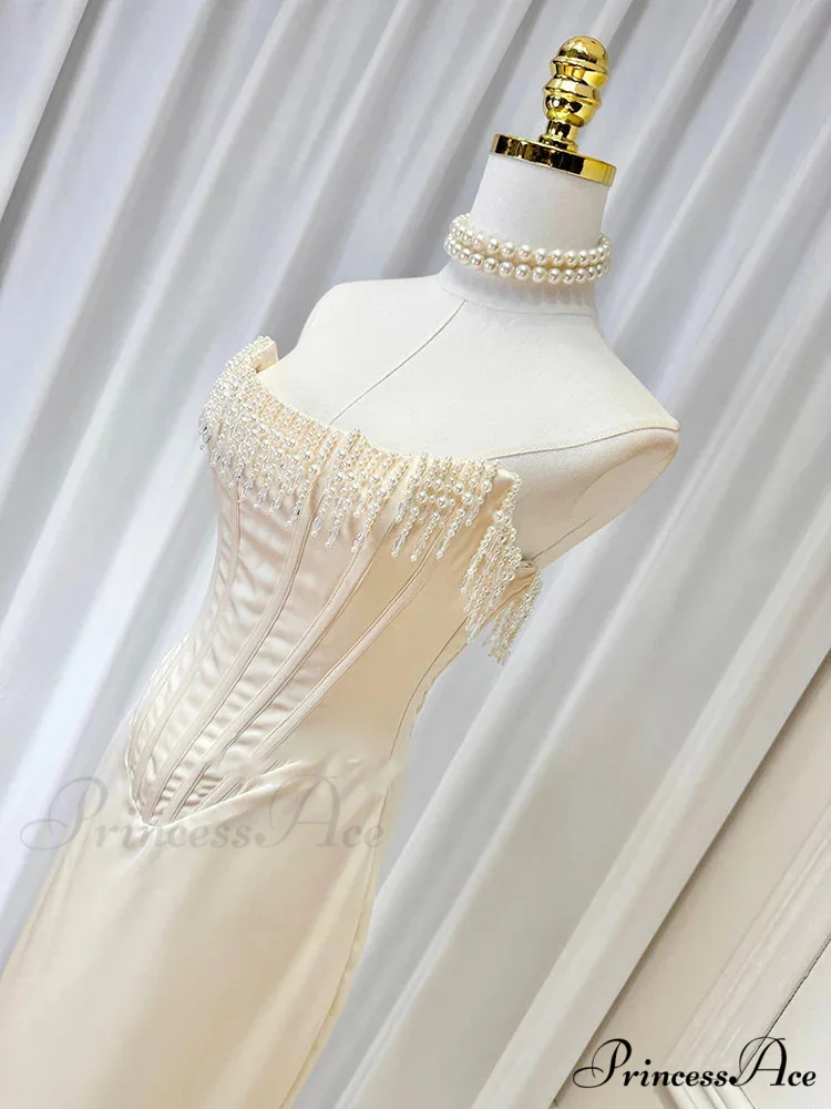 Satin Pearl Tassel Charming Corset Tube Midi Dress - Image 7