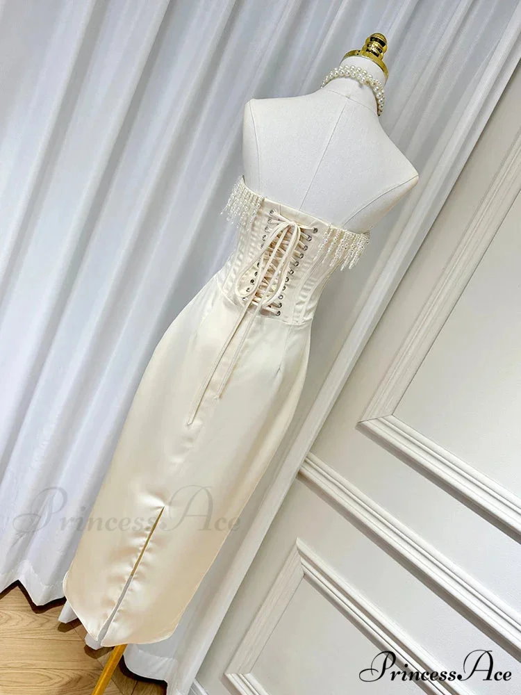 Satin Pearl Tassel Charming Corset Tube Midi Dress - Image 8