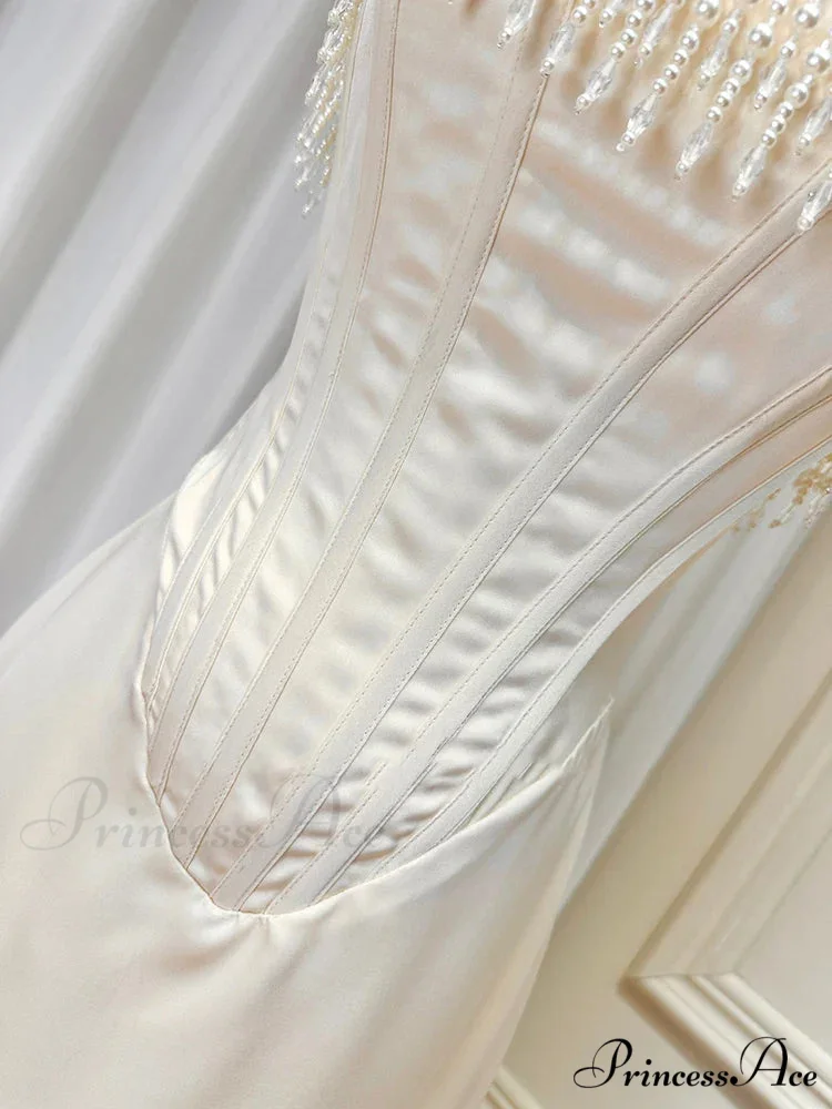 Satin Pearl Tassel Charming Corset Tube Midi Dress - Image 9