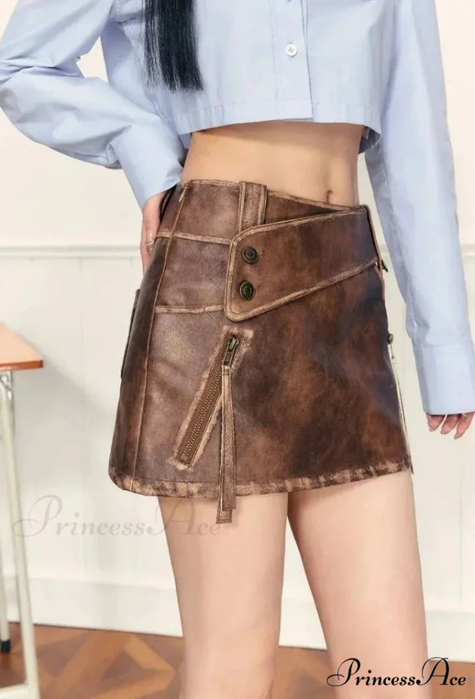 PU Leather High Waist A-Line Trendy Zipper Design Belted Mini Skirt - Image 10
