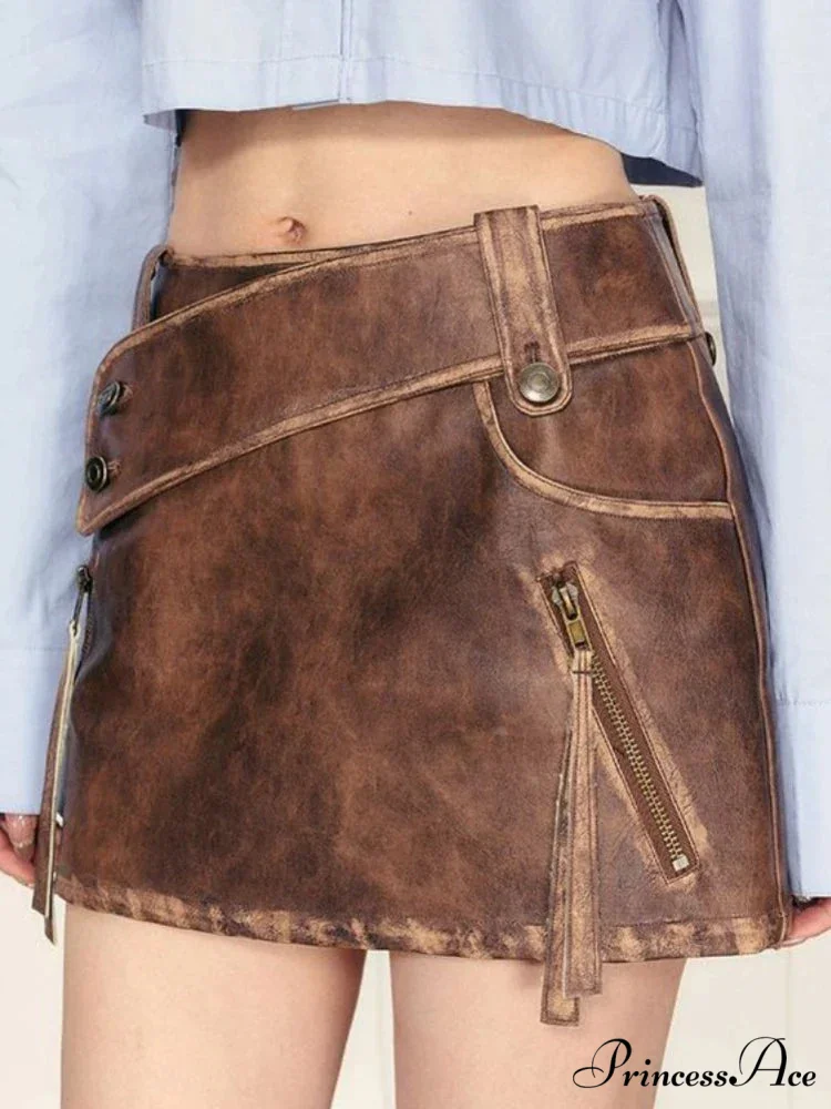 PU Leather High Waist A-Line Trendy Zipper Design Belted Mini Skirt - Image 11