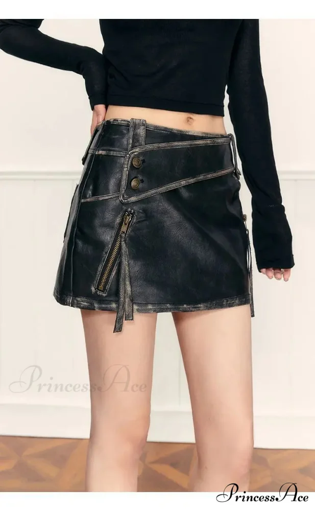 PU Leather High Waist A-Line Trendy Zipper Design Belted Mini Skirt - Image 3