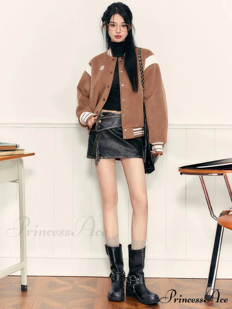 PU Leather High Waist A-Line Trendy Zipper Design Belted Mini Skirt - Image 6