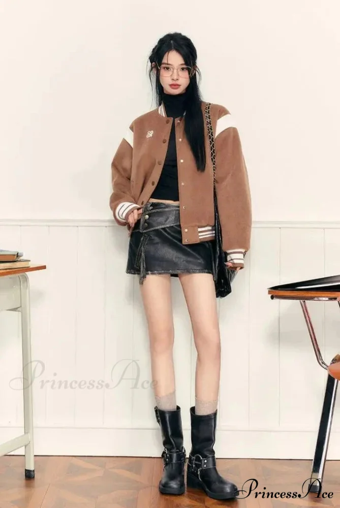 PU Leather High Waist A-Line Trendy Zipper Design Belted Mini Skirt - Image 7