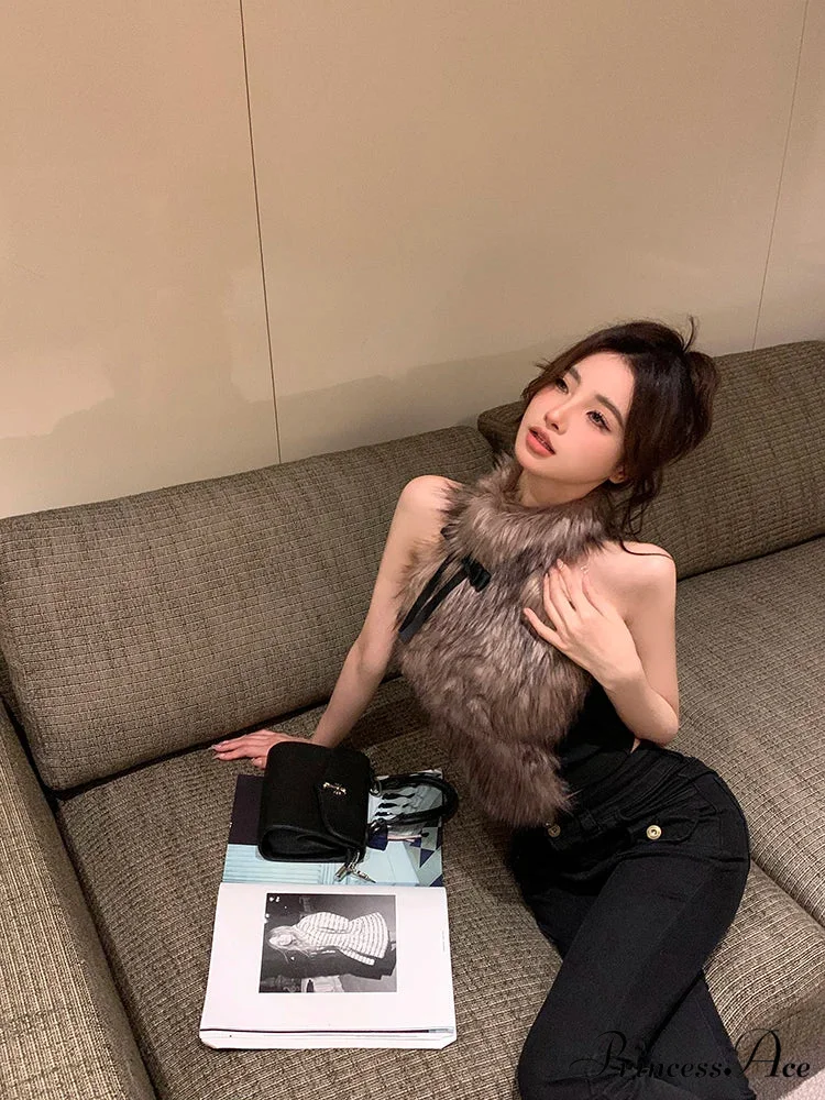 Faux Fur High Collar Sleeveless Trendy Camisole Tank Top with Bow - Image 10