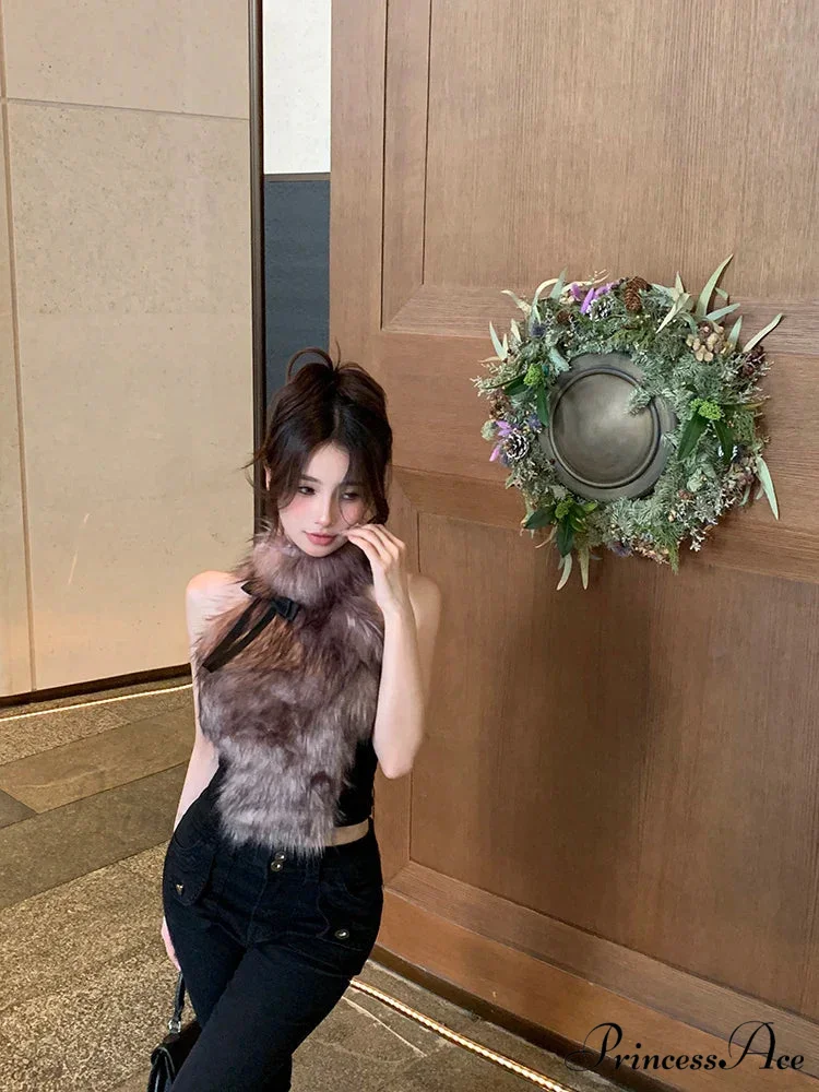 Faux Fur High Collar Sleeveless Trendy Camisole Tank Top with Bow - Image 11