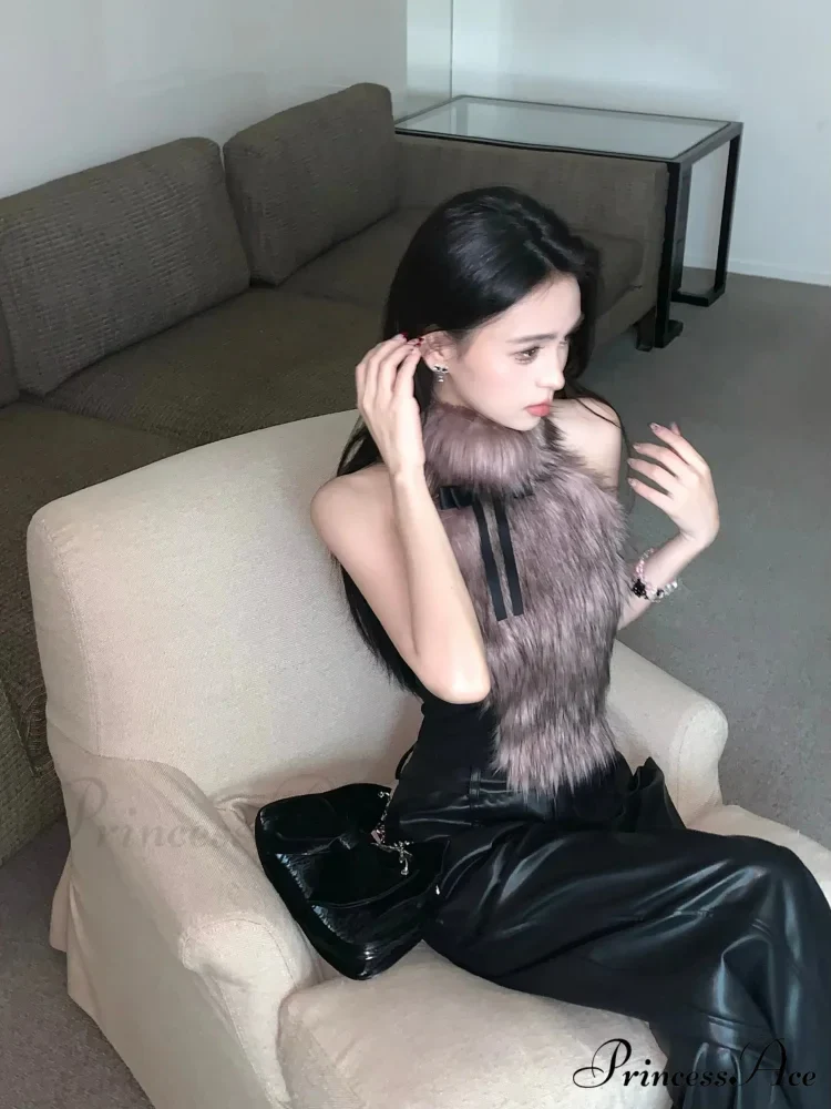 Faux Fur High Collar Sleeveless Trendy Camisole Tank Top with Bow - Image 13