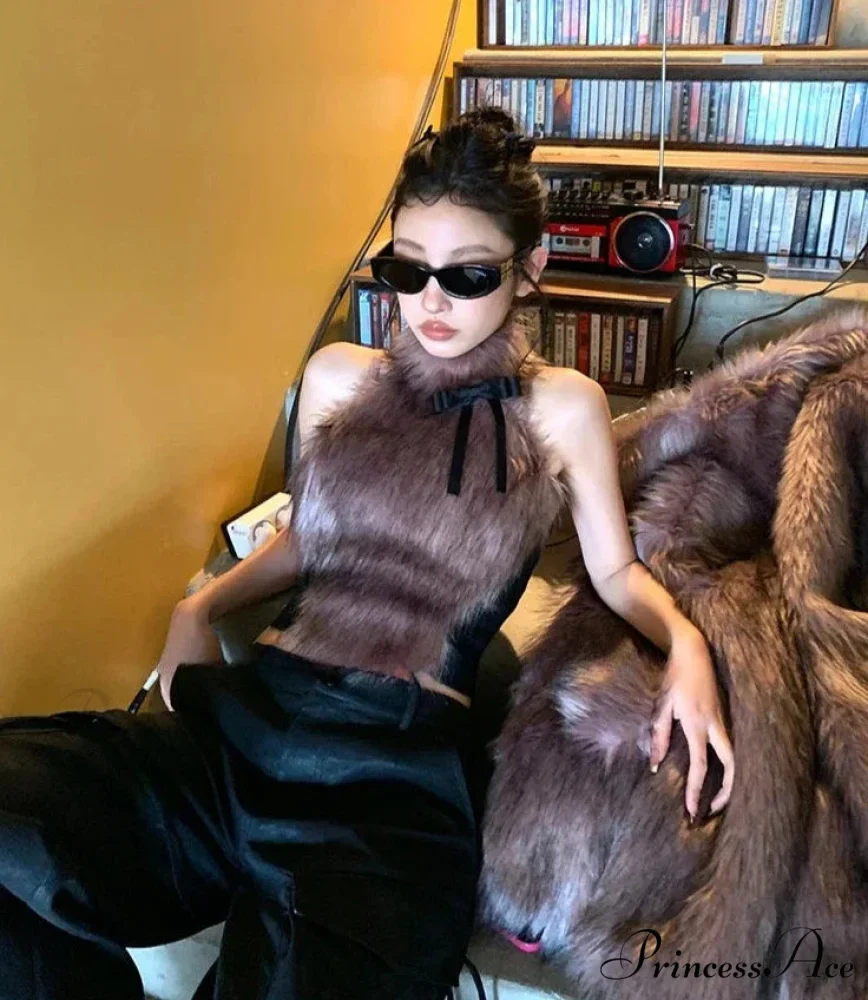 Faux Fur High Collar Sleeveless Trendy Camisole Tank Top with Bow - Image 3
