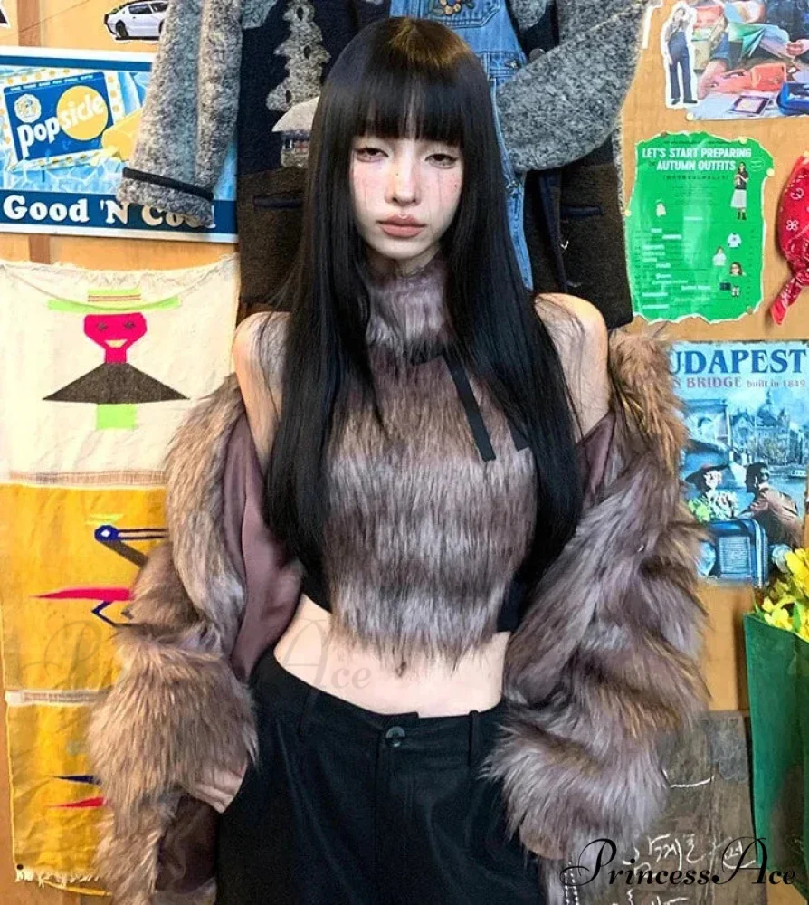 Faux Fur High Collar Sleeveless Trendy Camisole Tank Top with Bow - Image 4
