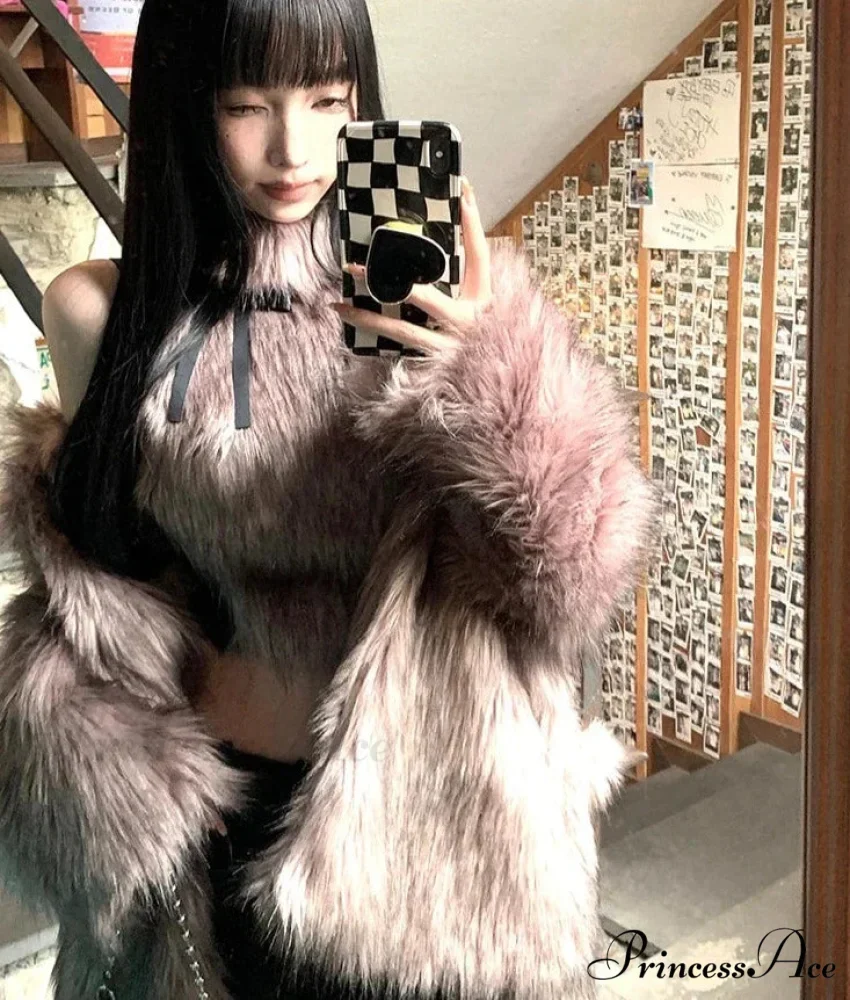 Faux Fur High Collar Sleeveless Trendy Camisole Tank Top with Bow - Image 5