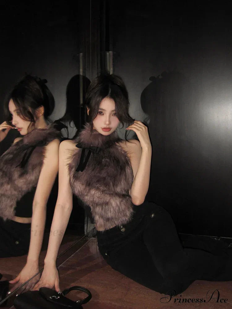 Faux Fur High Collar Sleeveless Trendy Camisole Tank Top with Bow - Image 8