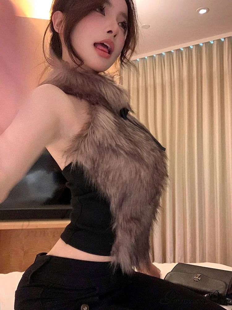 Faux Fur High Collar Sleeveless Trendy Camisole Tank Top with Bow - Image 9