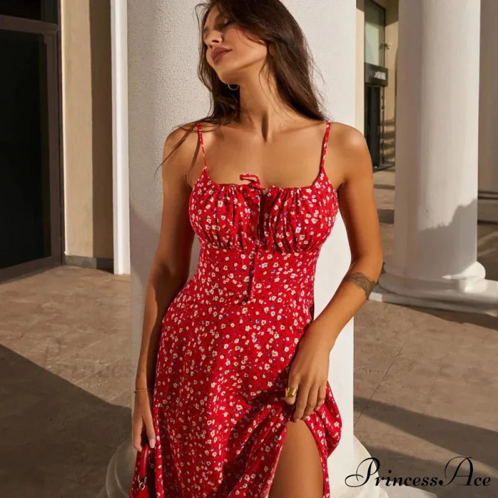 Red Floral Print Charming Strap Split Midi Dress - Image 2