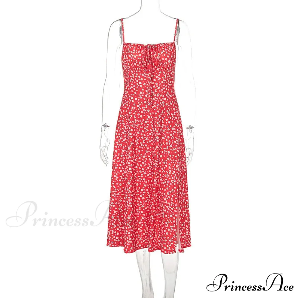 Red Floral Print Charming Strap Split Midi Dress - Image 7