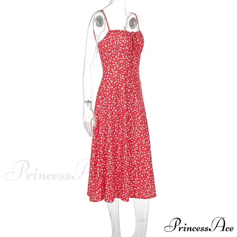 Red Floral Print Charming Strap Split Midi Dress - Image 8