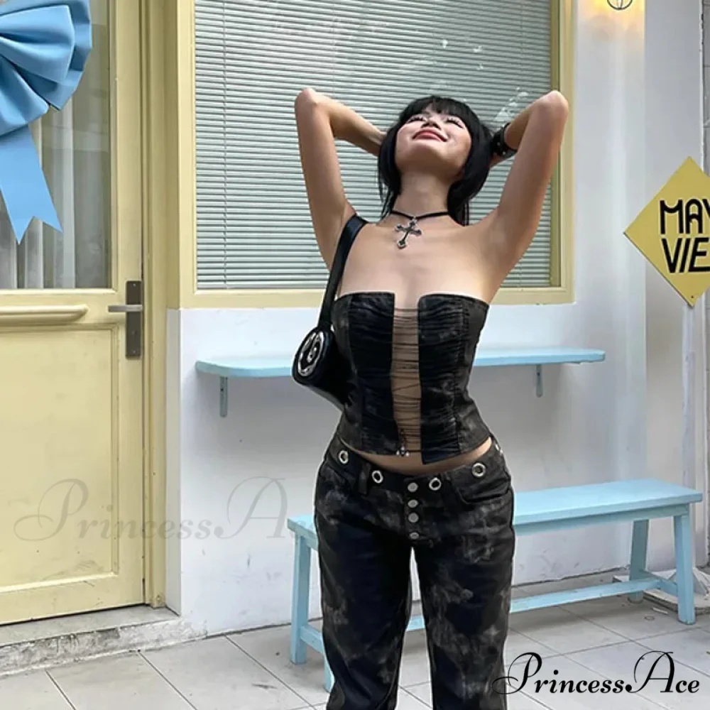 Black Lace Up Charming Tube Corset Top - Image 4