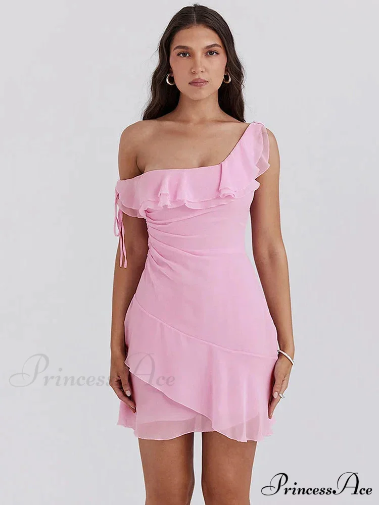 Pink Ruffled Stylish Shoulder Mini Dress - Image 2