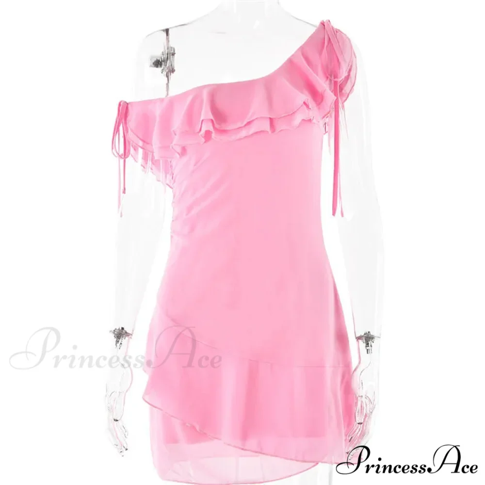 Pink Ruffled Stylish Shoulder Mini Dress - Image 7
