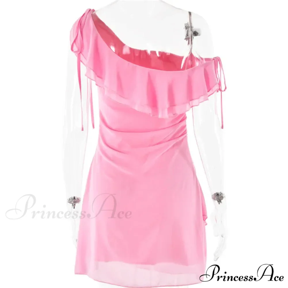 Pink Ruffled Stylish Shoulder Mini Dress - Image 8