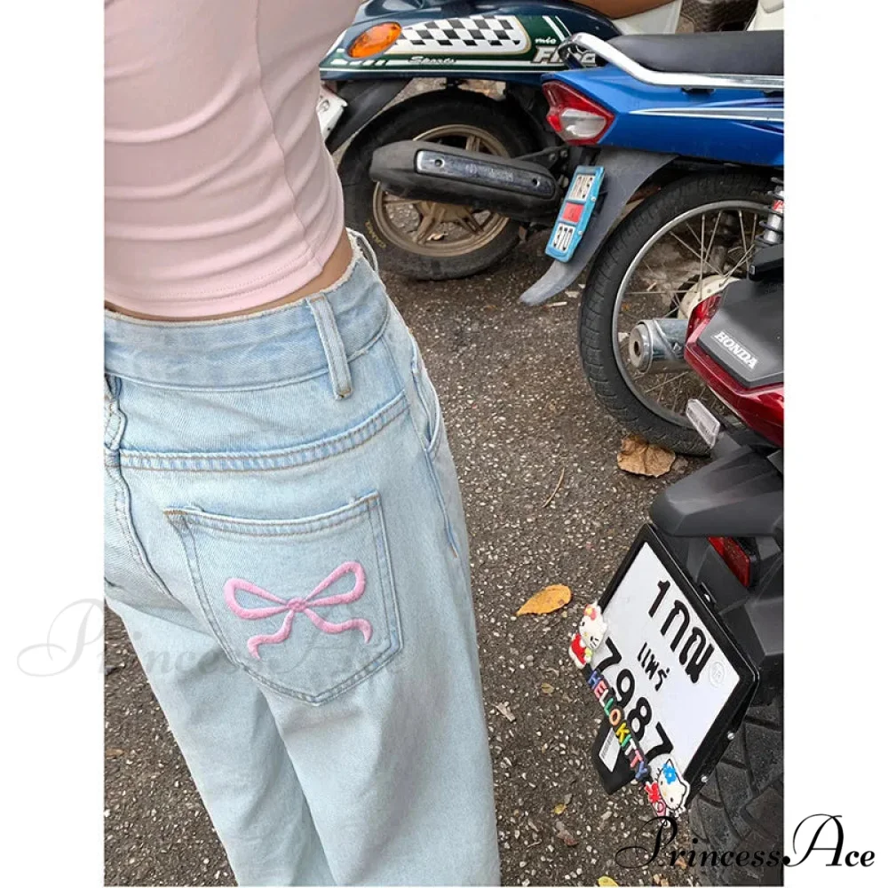 Denim Pink Pocket Charming Bow Embroidery Jeans - Image 3