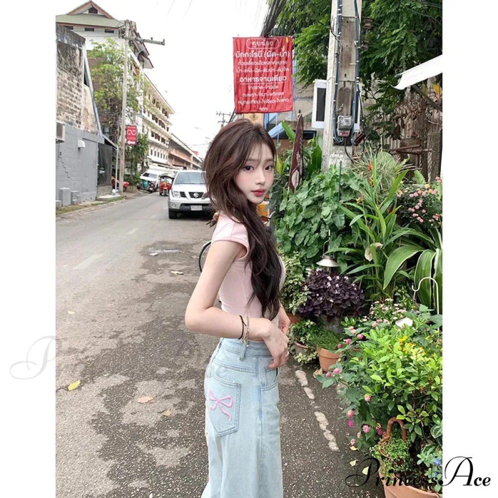 Denim Pink Pocket Charming Bow Embroidery Jeans - Image 5