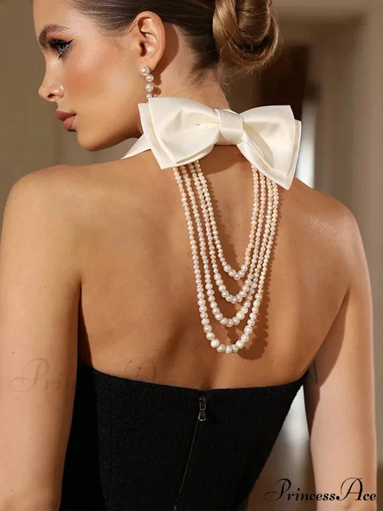 Contrast Collar Pearl Charming Bow Black Mini Dress - Image 5