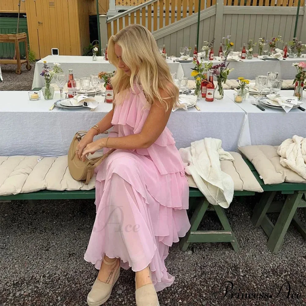 Pink Pleated Stylish Halter Maxi Dress - Image 12