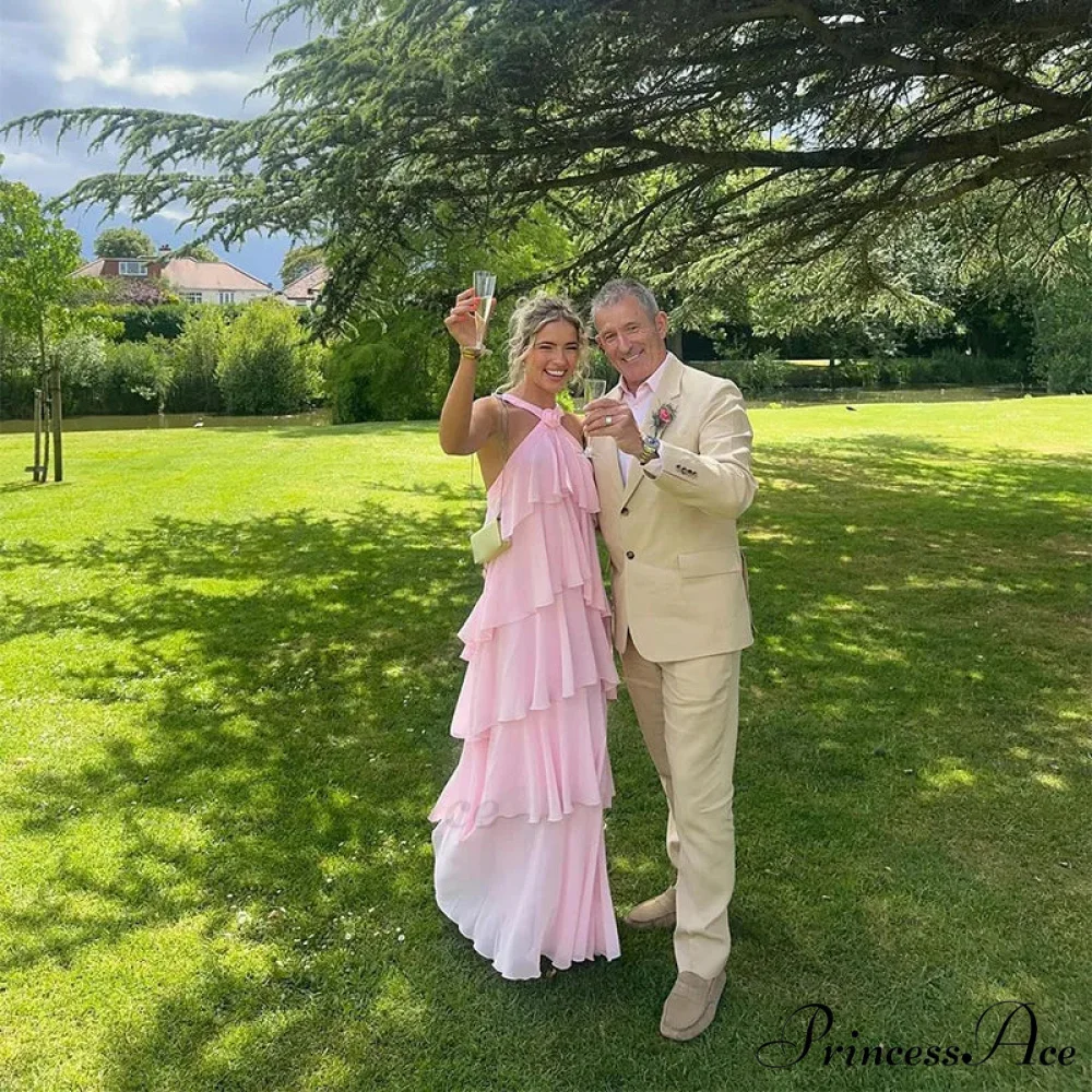 Pink Pleated Stylish Halter Maxi Dress - Image 14