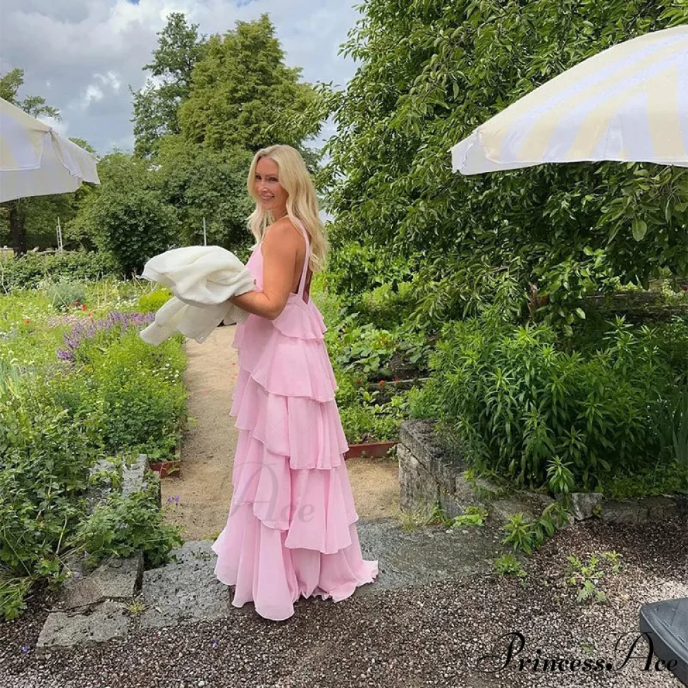 Pink Pleated Stylish Halter Maxi Dress - Image 15