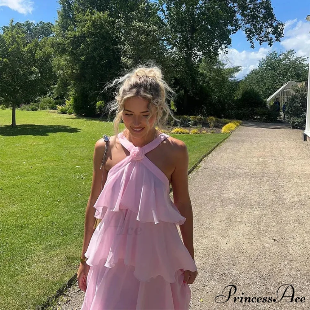 Pink Pleated Stylish Halter Maxi Dress - Image 17
